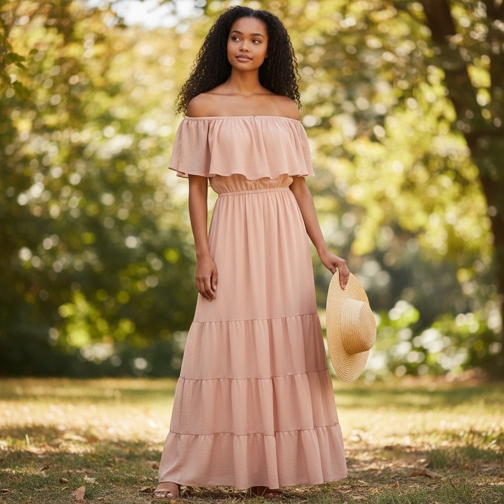 Venus Pink Off The Shoulder Tiered Maxi Dress Ruffle Flounce Boho Size‎ 16